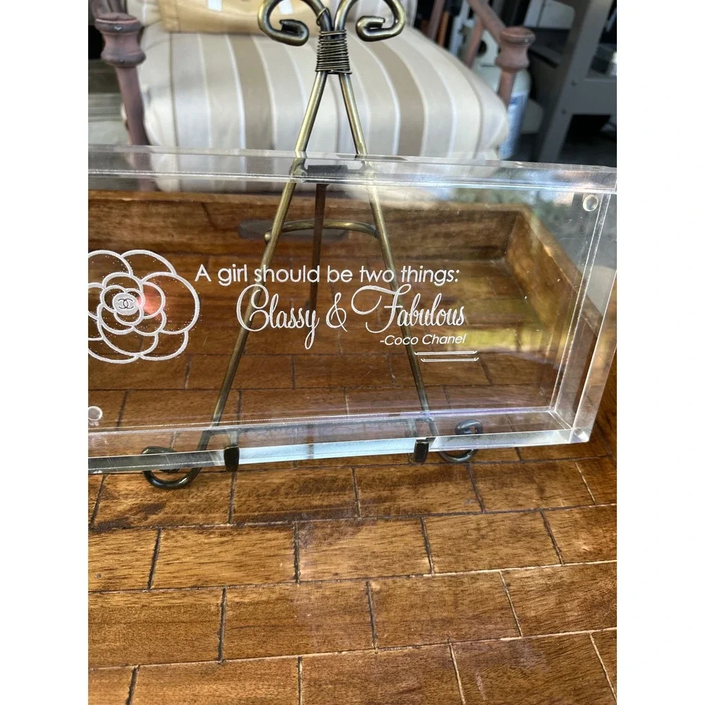 Hotel Balfour Coco Chanel Quote Acrylic Vanity Tray etched Clear‎ lucite  VGUC